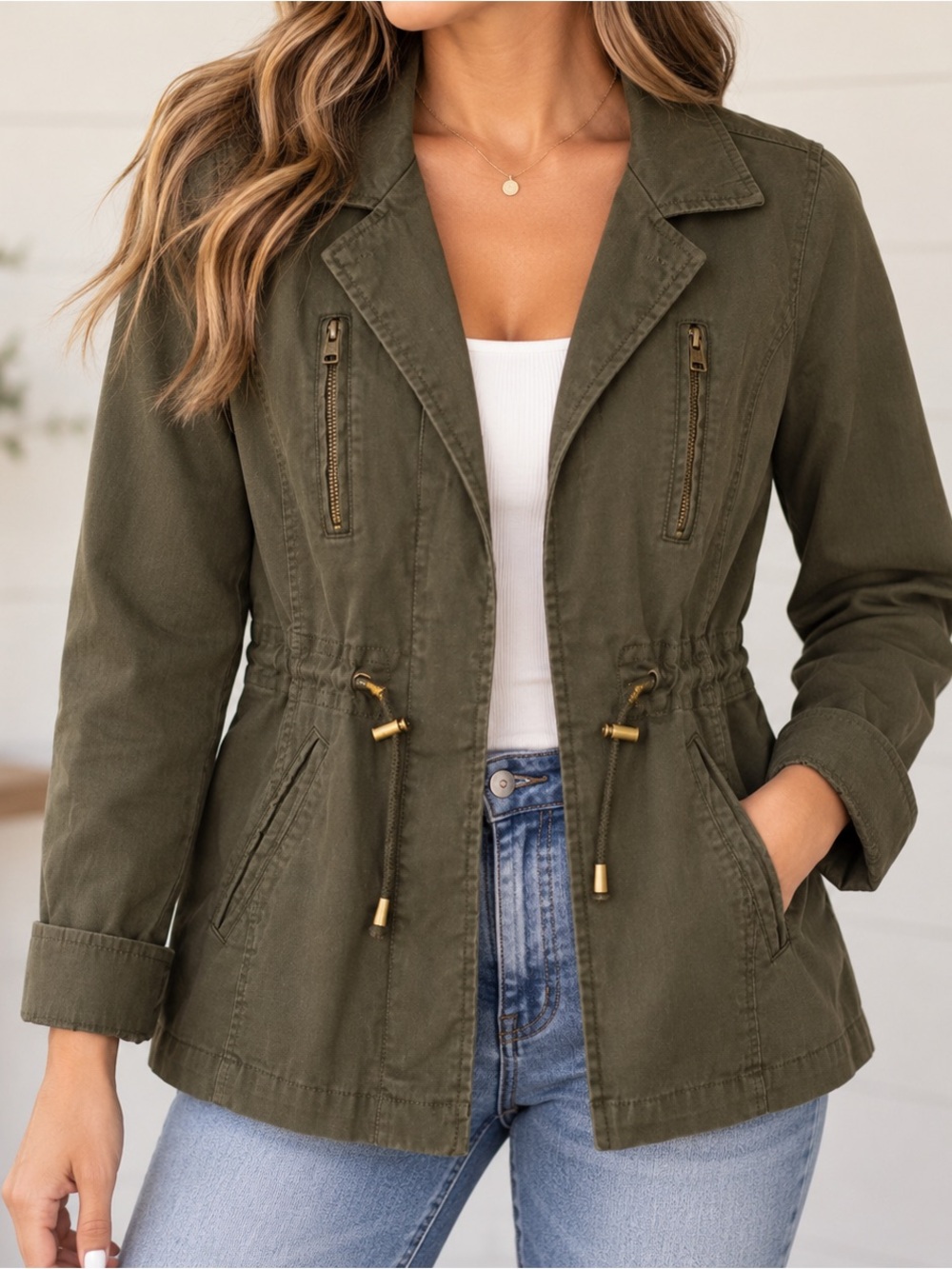 Society Olive Green Utility Jacket with Drawstring Waist